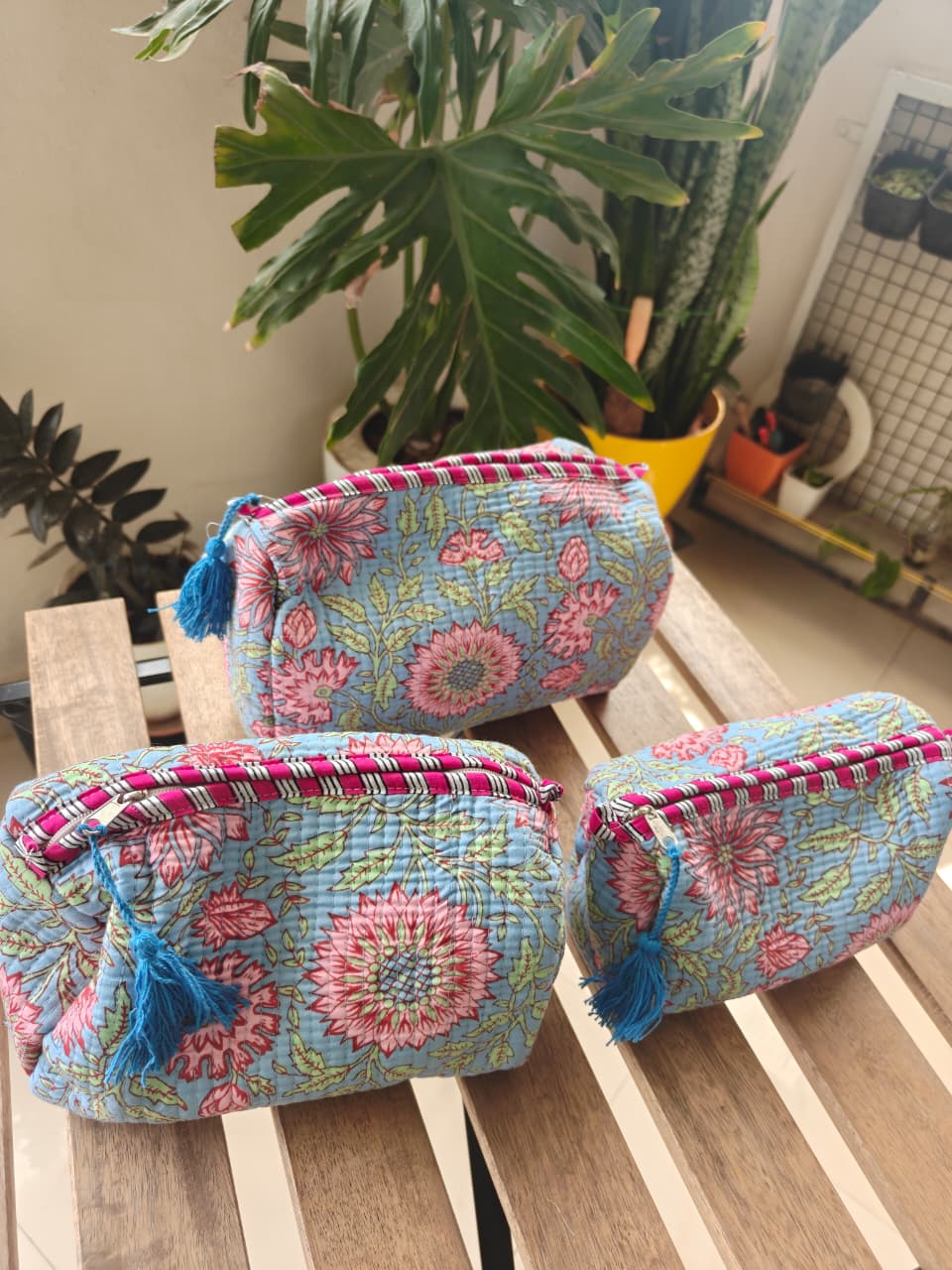 Blue Floral Hand Block Print Travel Kit Cotton Pouch | Travel Kit | Bag | Travel Utility | Accessory Indigo | Set of 3