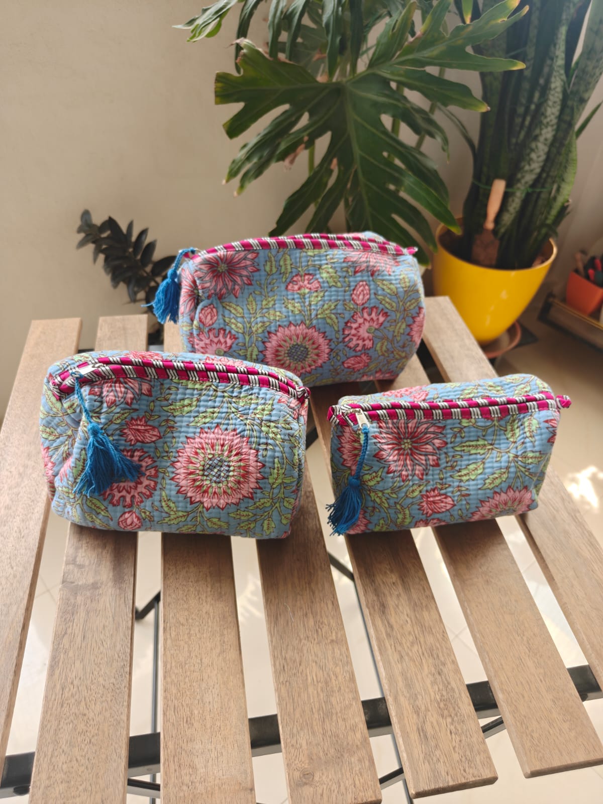 Blue Floral Hand Block Print Travel Kit Cotton Pouch | Travel Kit | Bag | Travel Utility | Accessory Indigo | Set of 3