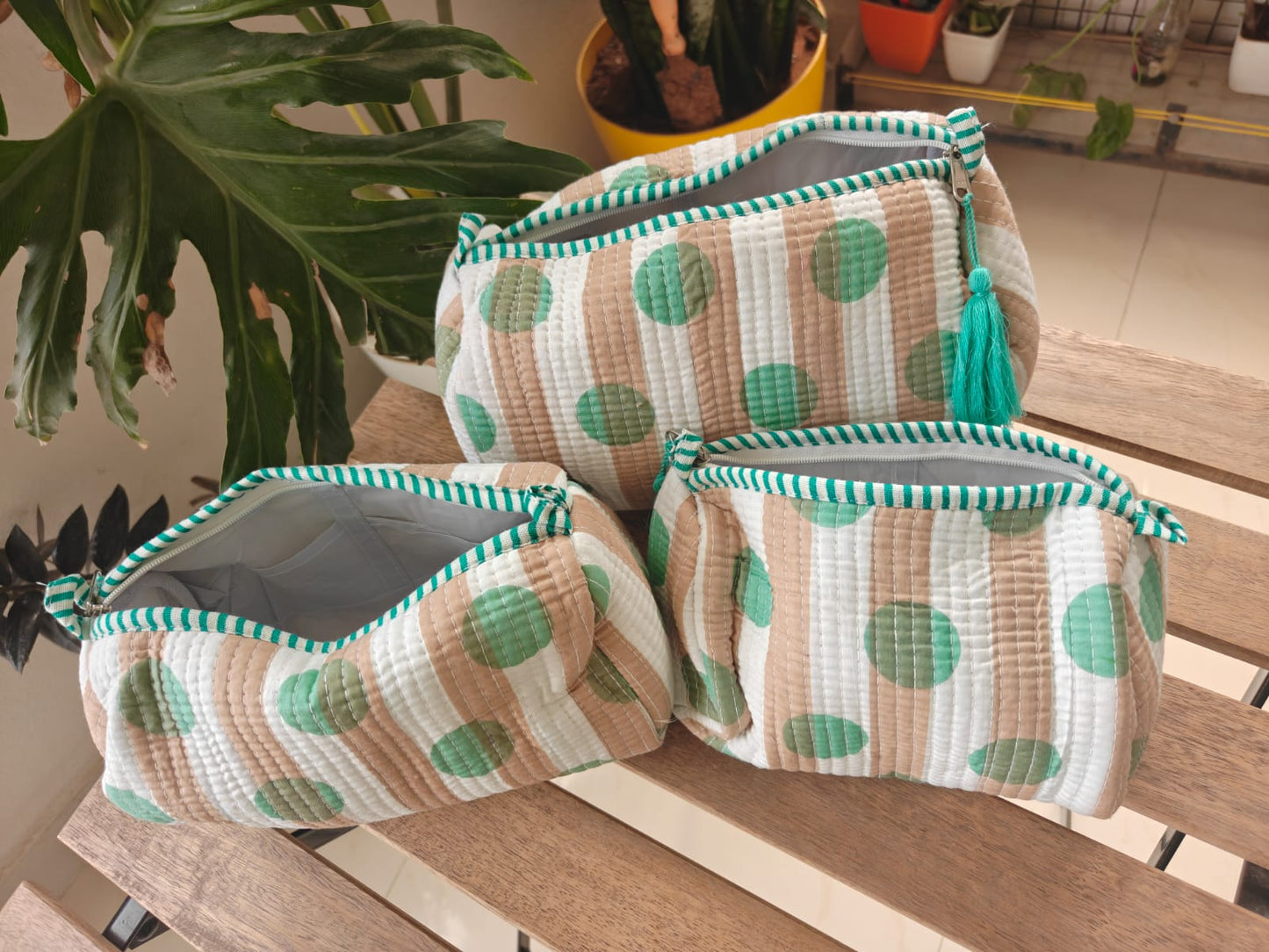 Designer White Sea Green Hand block printed cotton pouch - Set of 3