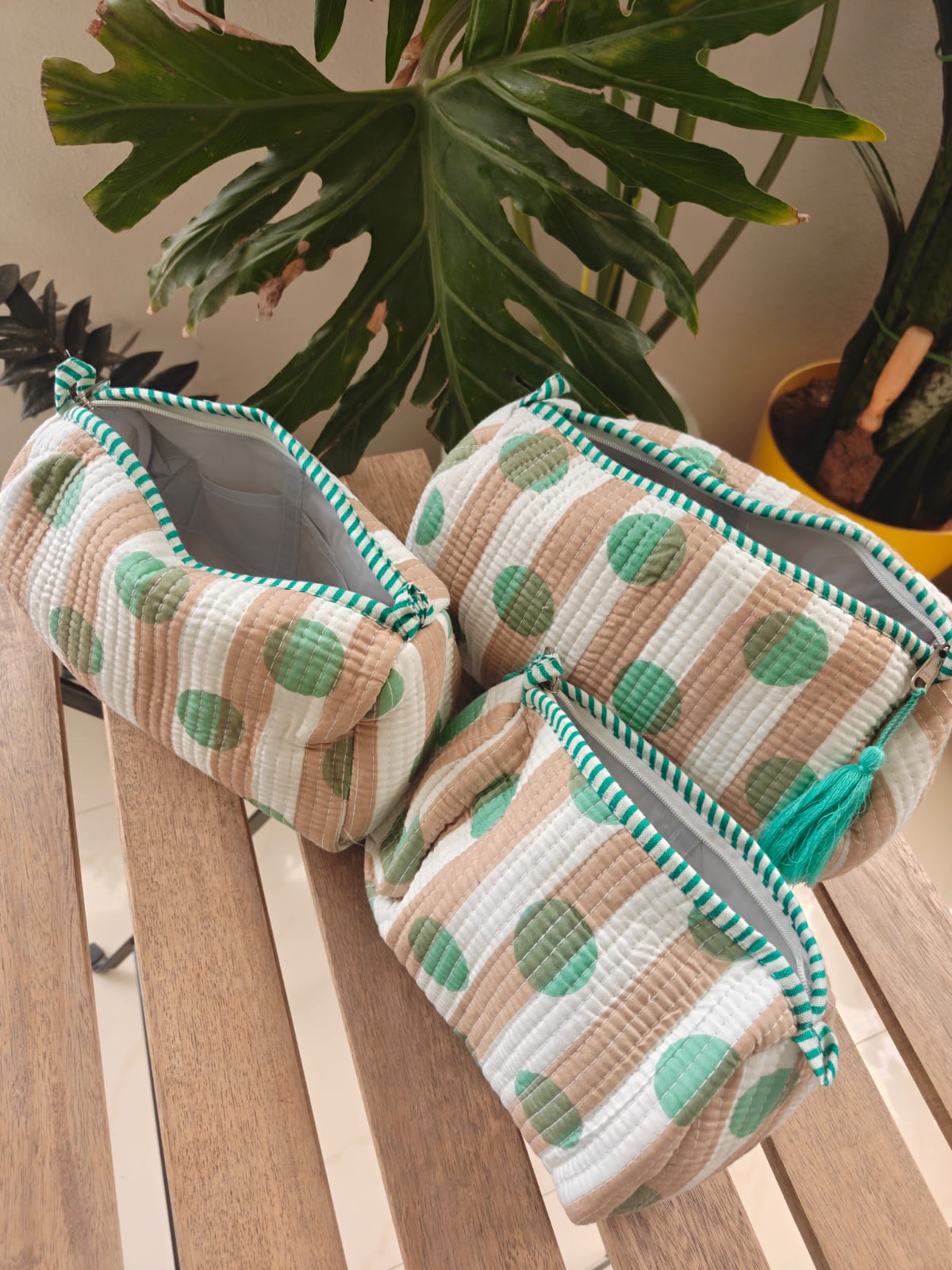 Designer White Sea Green Hand block printed cotton pouch - Set of 3