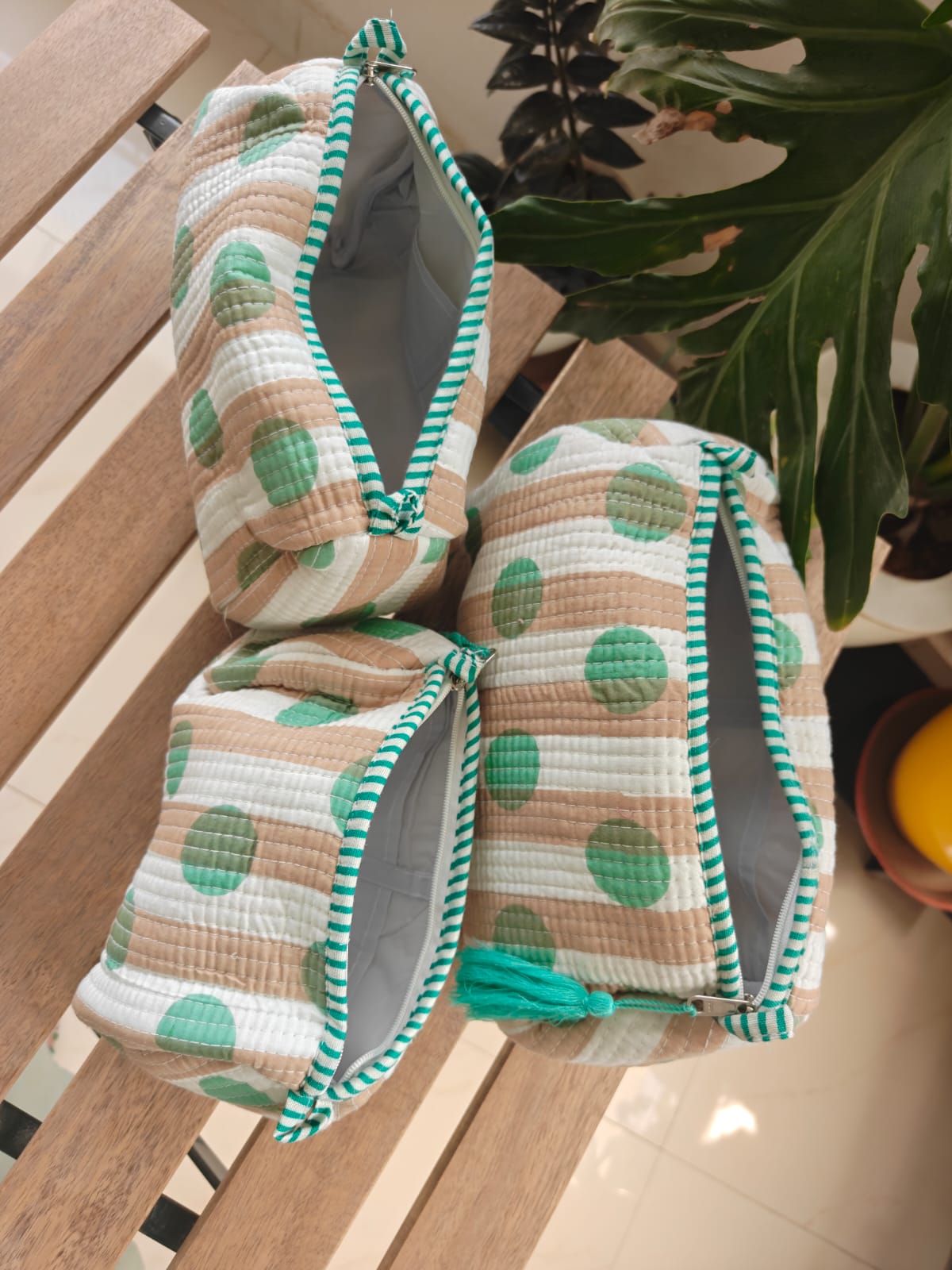 Designer White Sea Green Hand block printed cotton pouch - Set of 3
