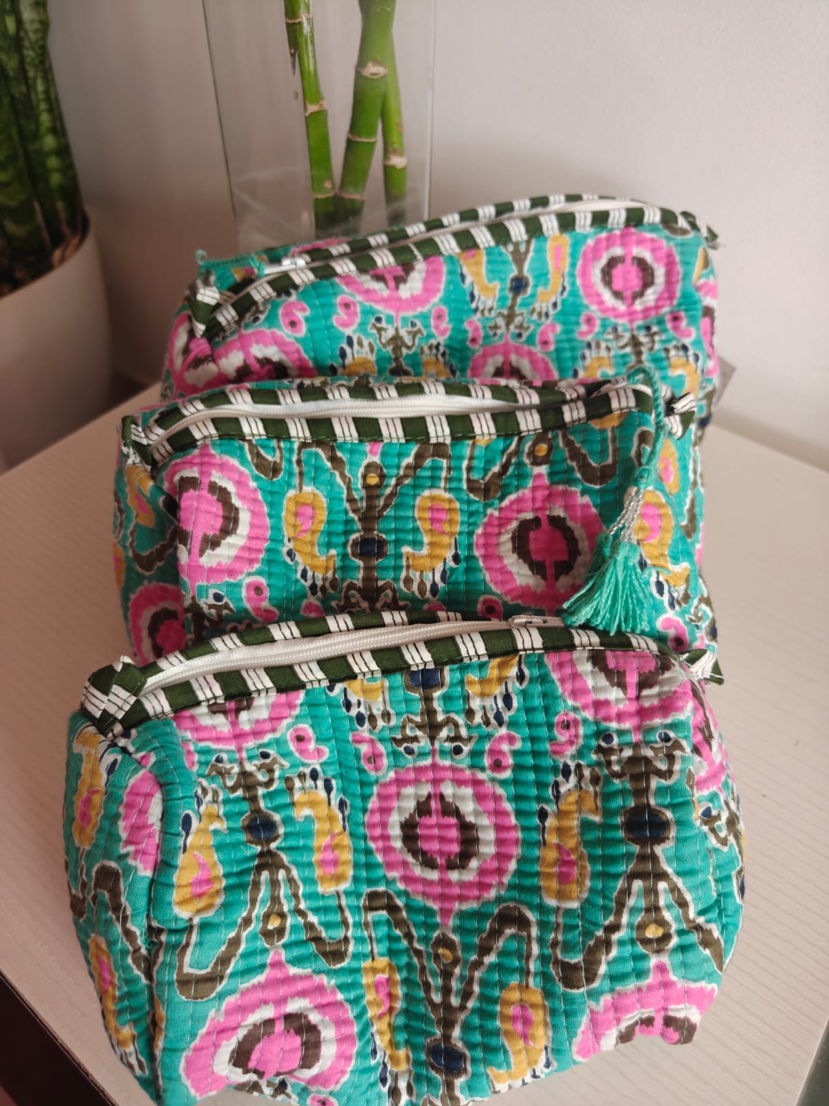Trendy Teal Green Ikat Hand block cotton pouch - Set of 3