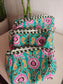 Trendy Teal Green Ikat Hand block cotton pouch - Set of 3