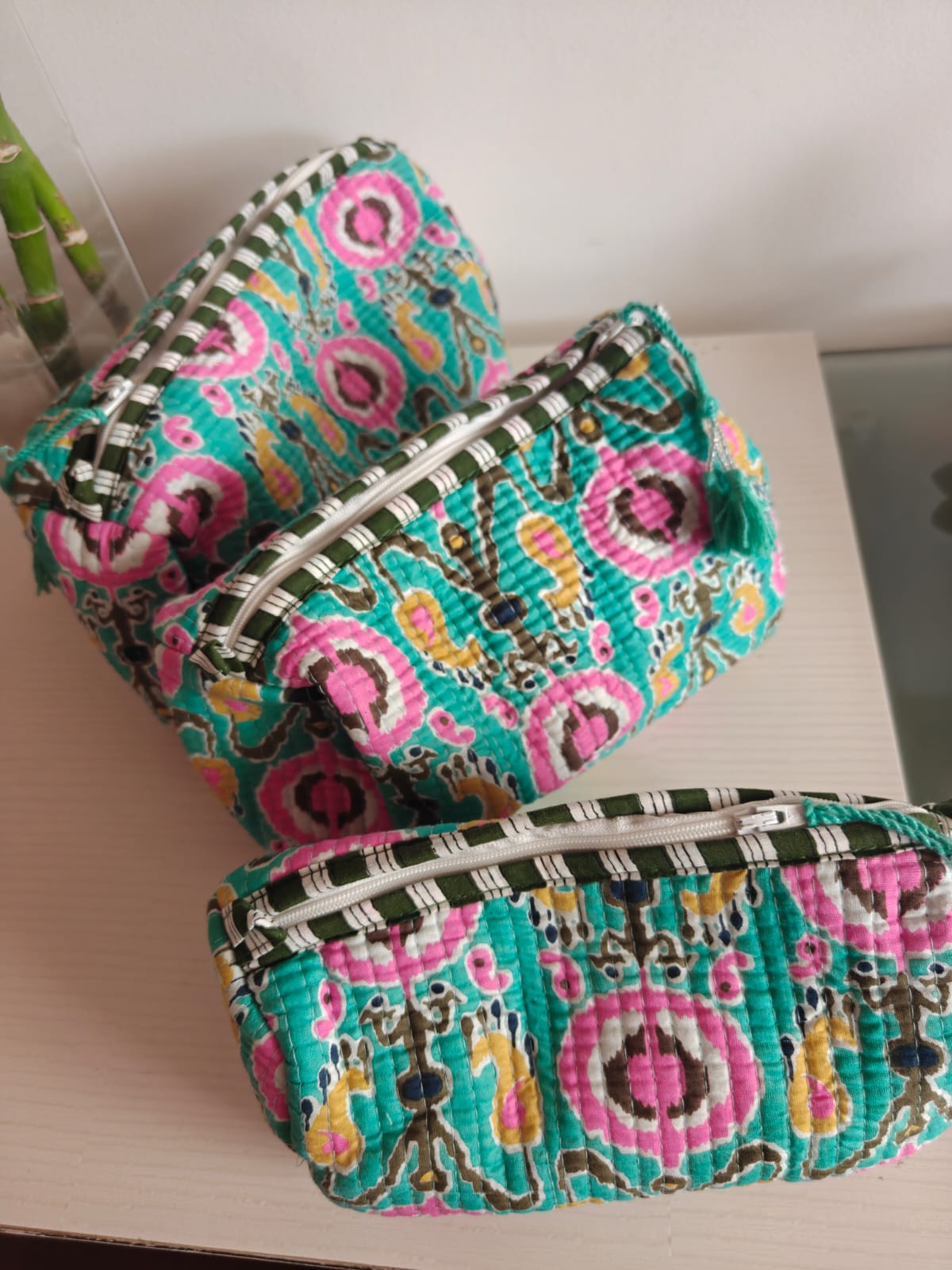 Trendy Teal Green Ikat Hand block cotton pouch - Set of 3