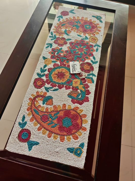Bright Paisley Beaded Coffee  Centre Dining Table Runner Hand Embroidery