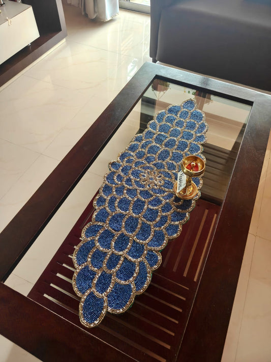 Vintage Gold And Blue Teal Handmade Glass Beads Decorative Table Runner