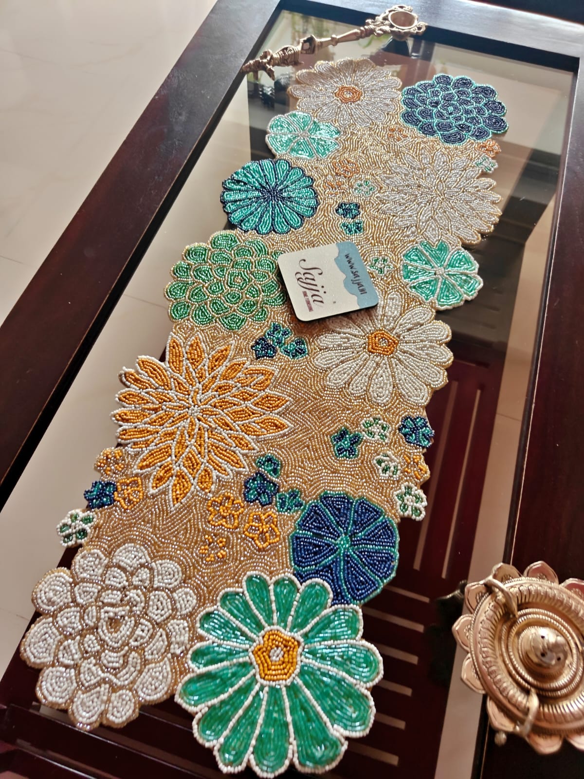 Elegant Floral Blue Bloom Handwork Beads Table Runner