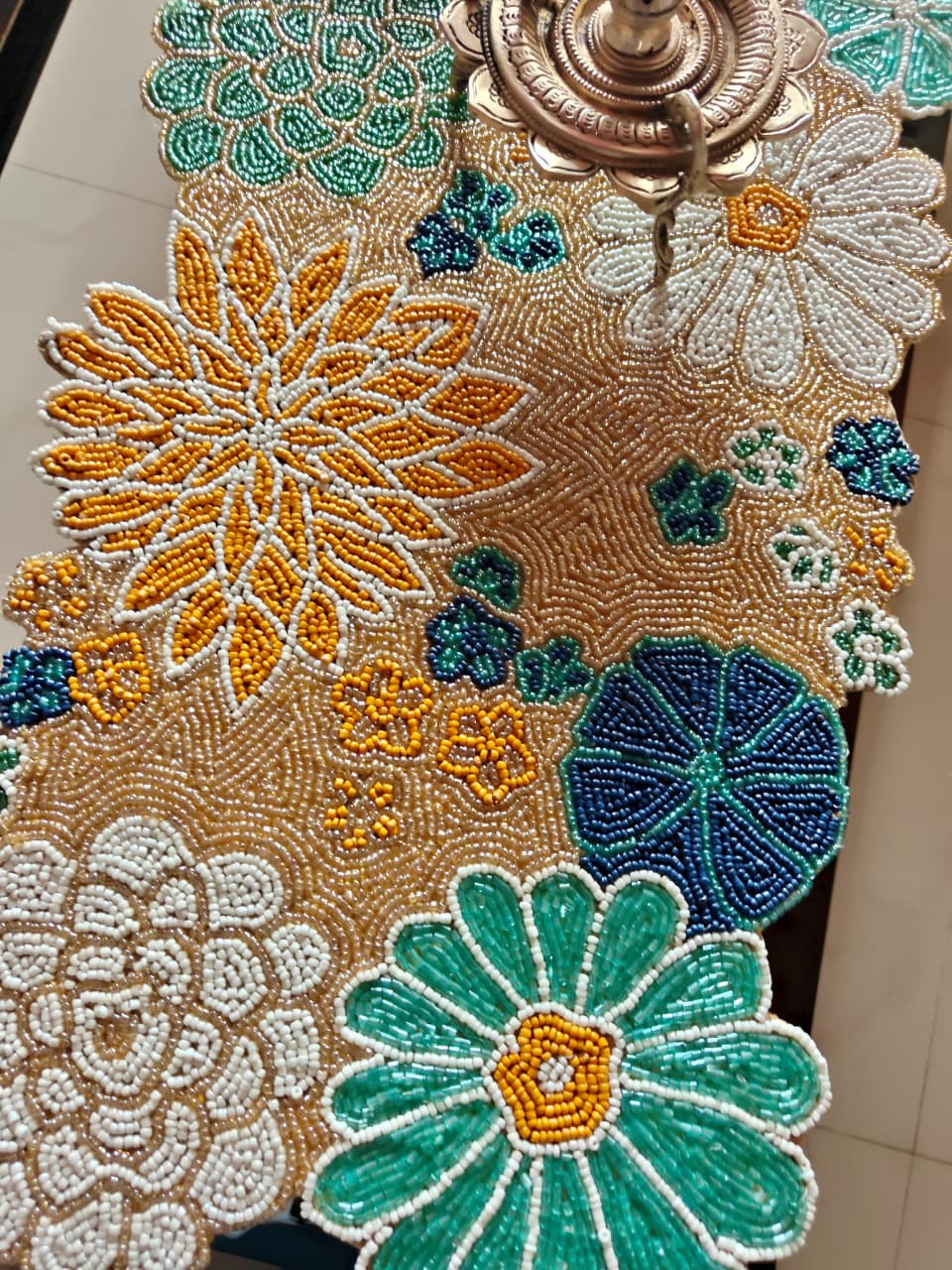 Elegant Floral Blue Bloom Handwork Beads Table Runner
