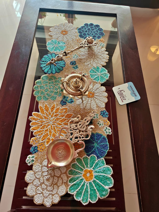 Elegant Floral Blue Bloom Handwork Beads Table Runner