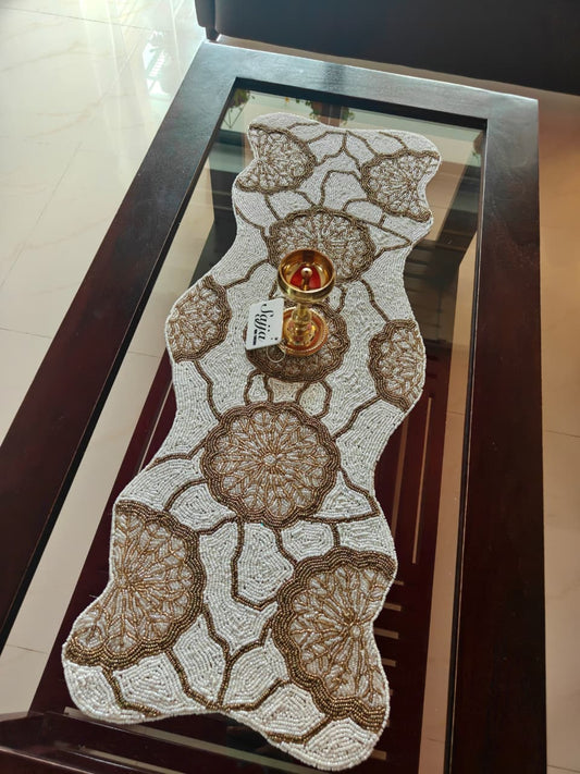 Handmade Vintage Gold Floral Beaded Table Runner | Foyer runner | Coffee Table Runner