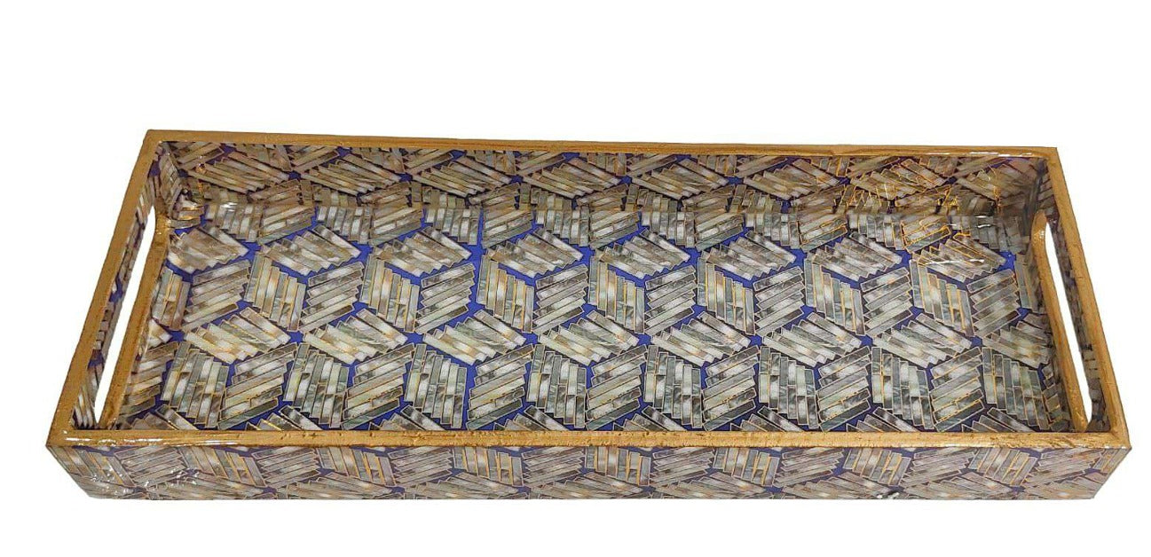 Royal Blue Turkish Mosaic Gold Decorative MDF Tray | Stylish Serving & Home Décor Tray