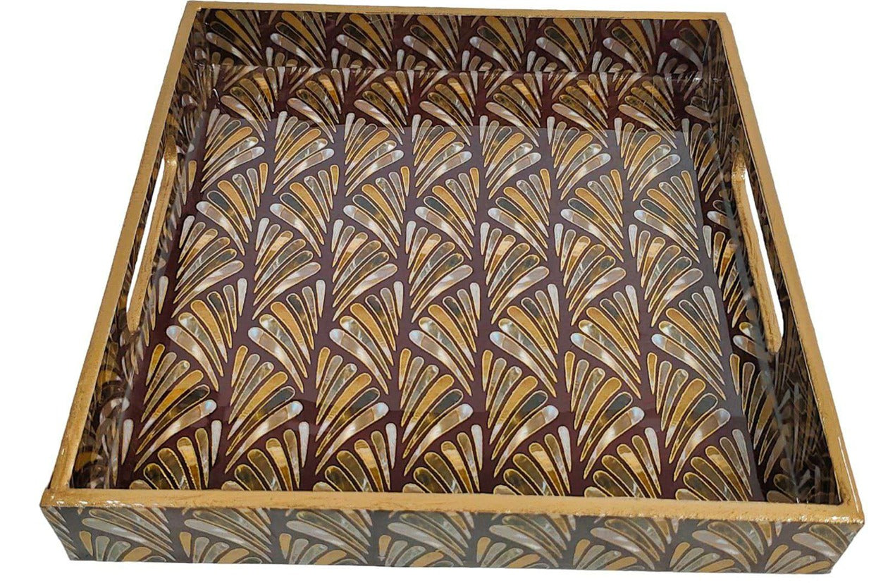 Brown Marble Inlay Print Decorative Sqaure MDF Tray | Stylish Serving & Home Décor Tray