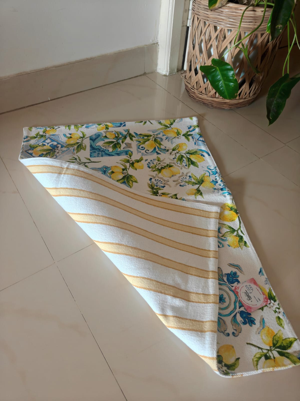 Buy Citrus Yellow Blue  Duck Cotton Floor Mat Rug | Use as Table Décor Mat | Reversible Striped Pattern