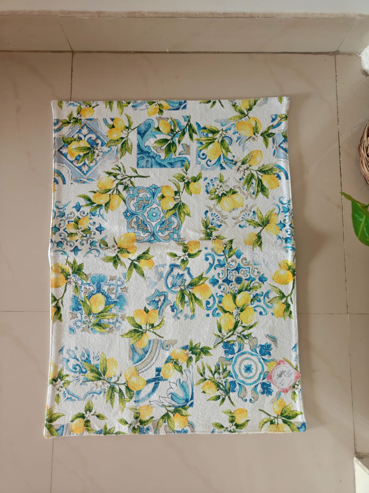 Buy Citrus Yellow Blue  Duck Cotton Floor Mat Rug | Use as Table Décor Mat | Reversible Striped Pattern