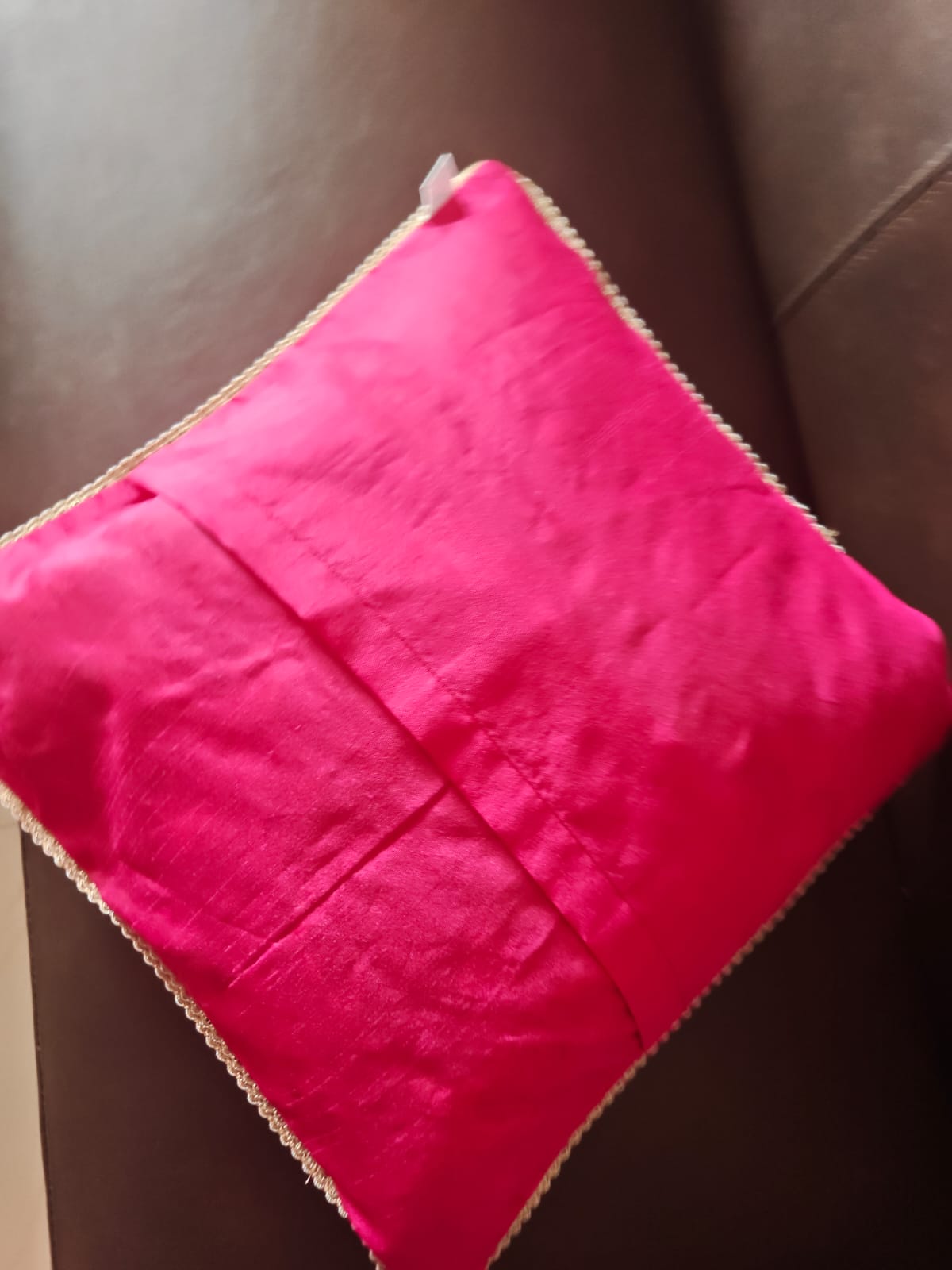 Pink - Tradational Banarasi Handwoven Bandhej Brocade Silk Cushion  Covers with Vintage lace 16 x16