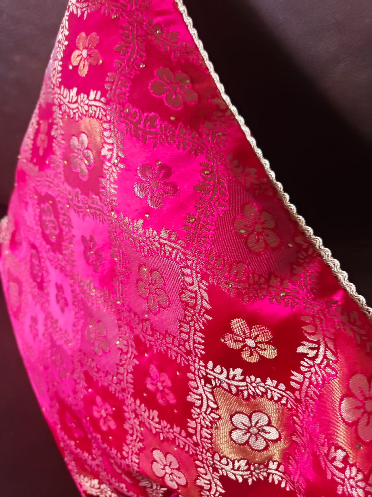 Pink - Tradational Banarasi Handwoven Bandhej Brocade Silk Cushion  Covers with Vintage lace 16 x16