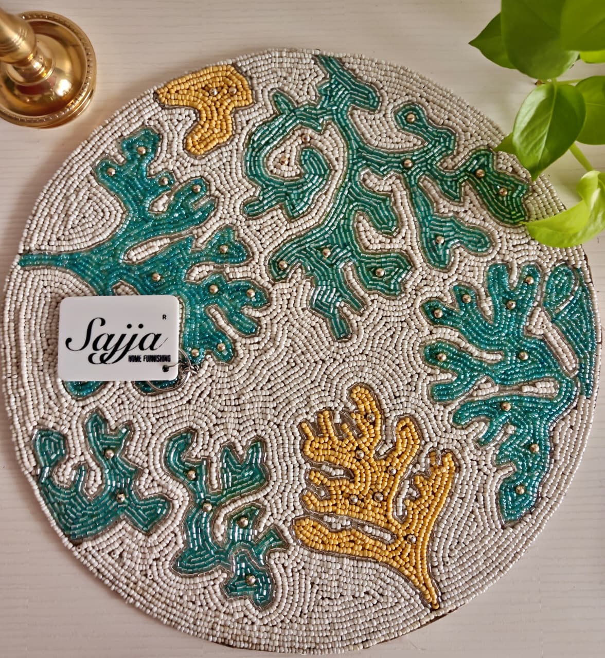 Designer Jade Yellow Ivory Floral Coral Beads Table Mat Trivet
