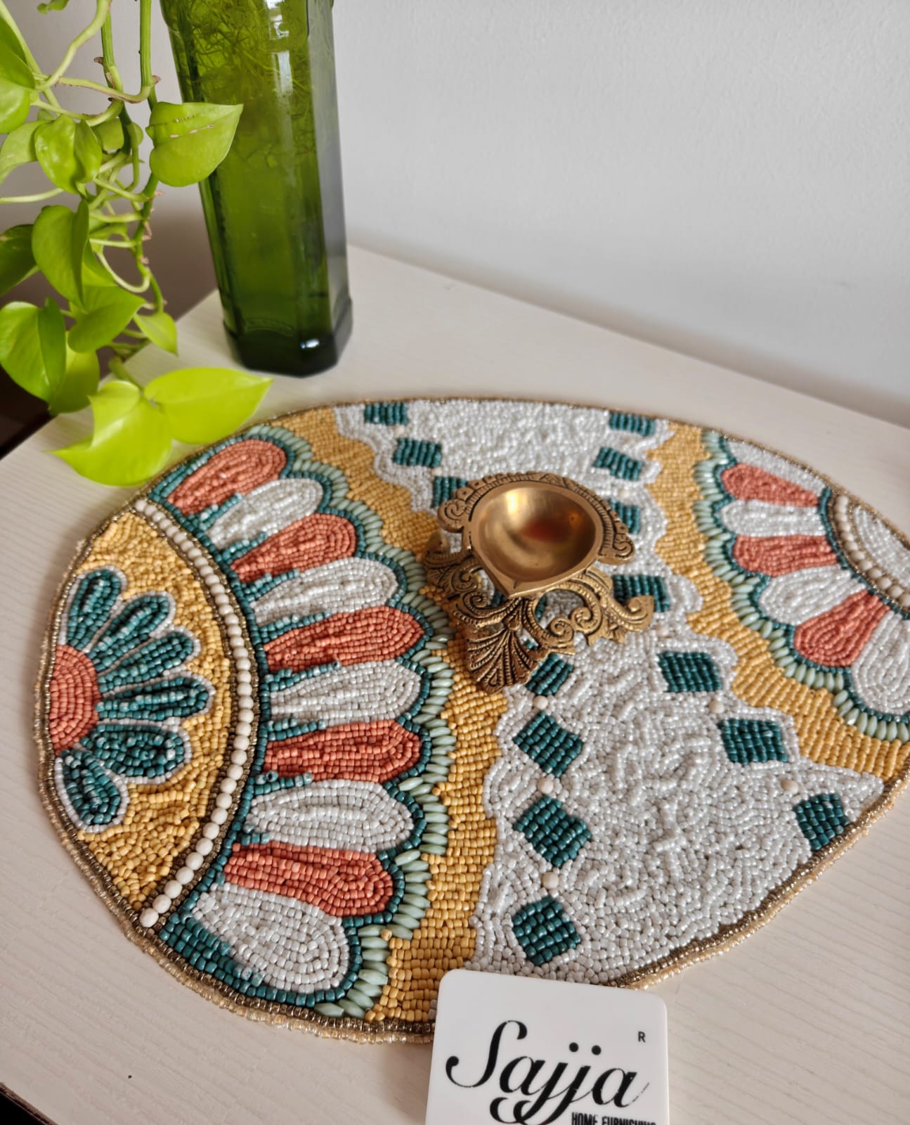 Designer Regal Handcrafted Oval Beaded Glass Placemat Table Mat