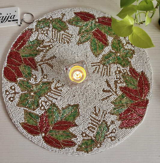 Stylish Beads Round Table Mat - Red Green White Festive Decor Mat