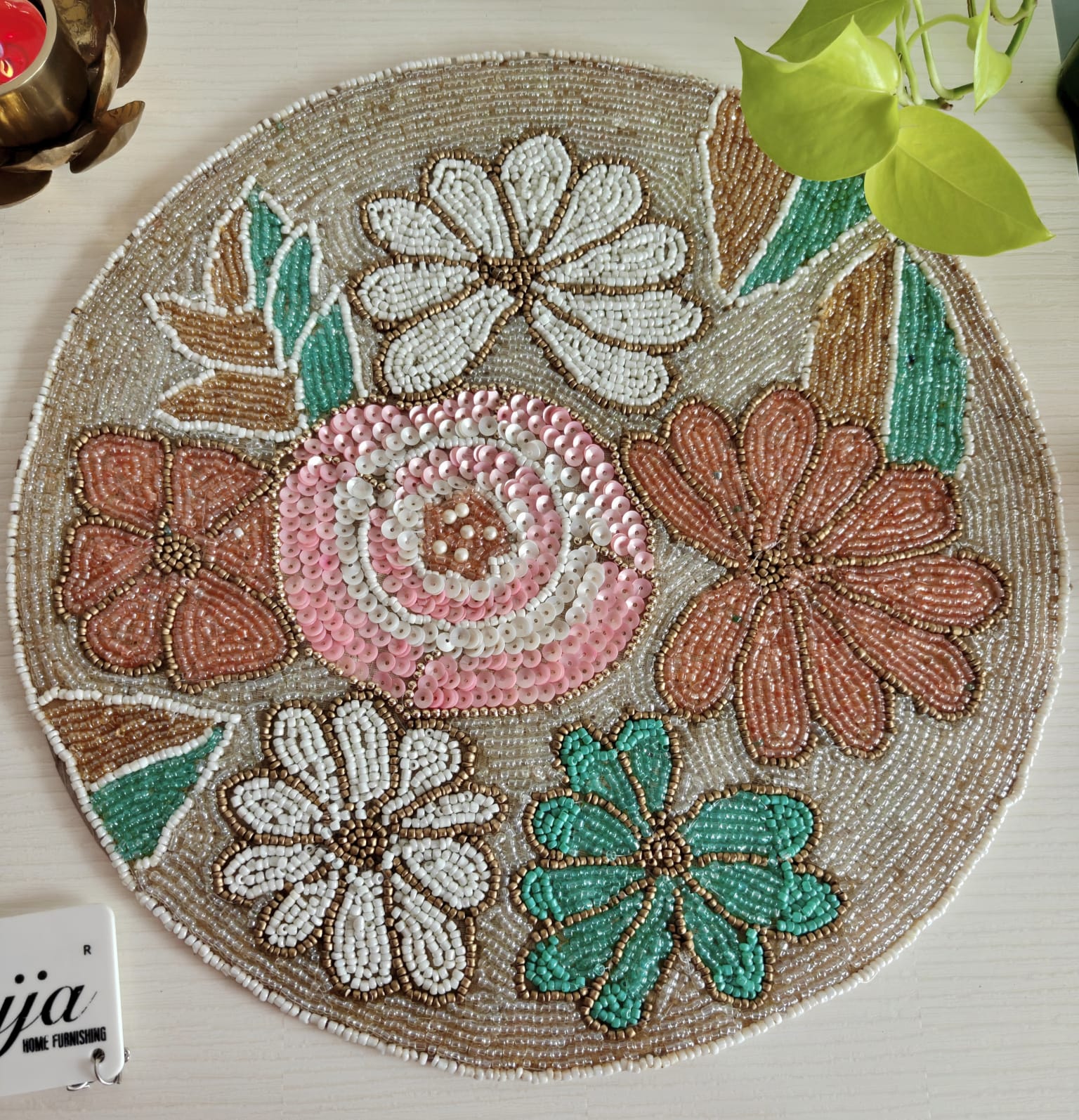 Elegant Designer Ivory Pink Teal Peach Floral Beaded Table Placemat