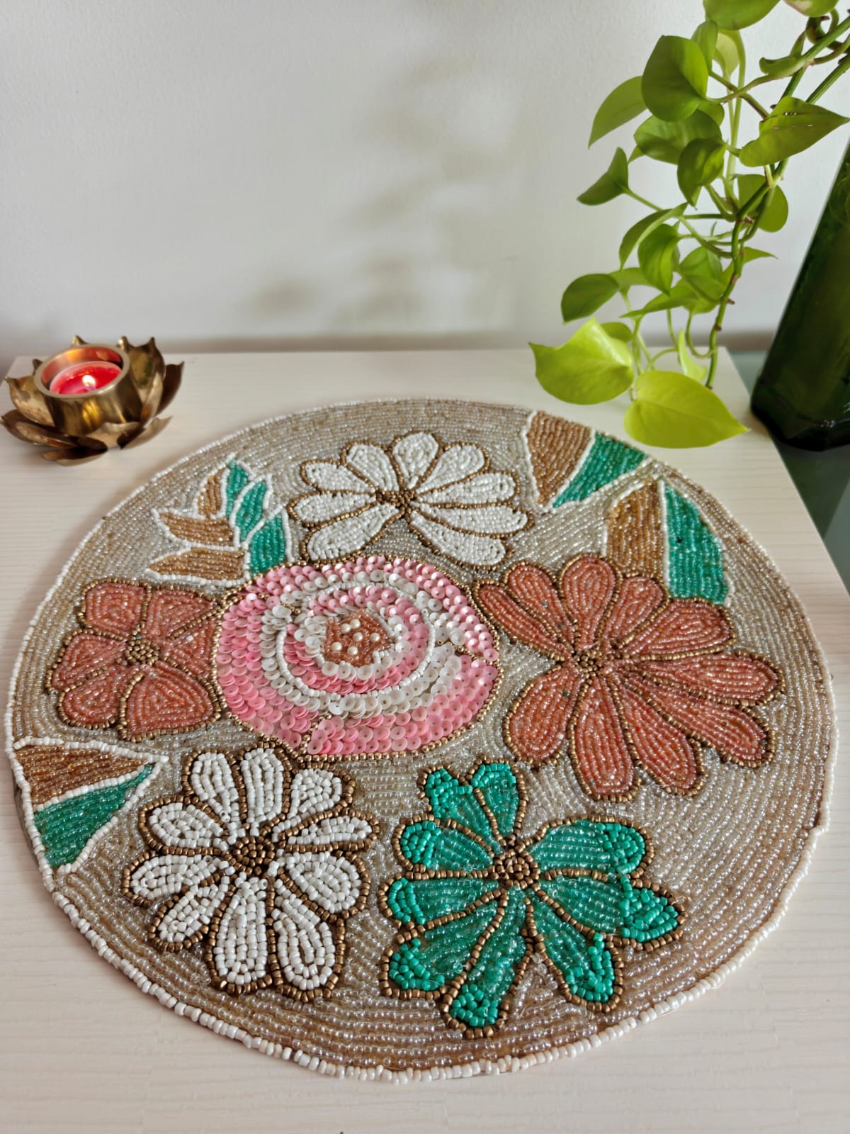 Elegant Designer Ivory Pink Teal Peach Floral Beaded Table Placemat