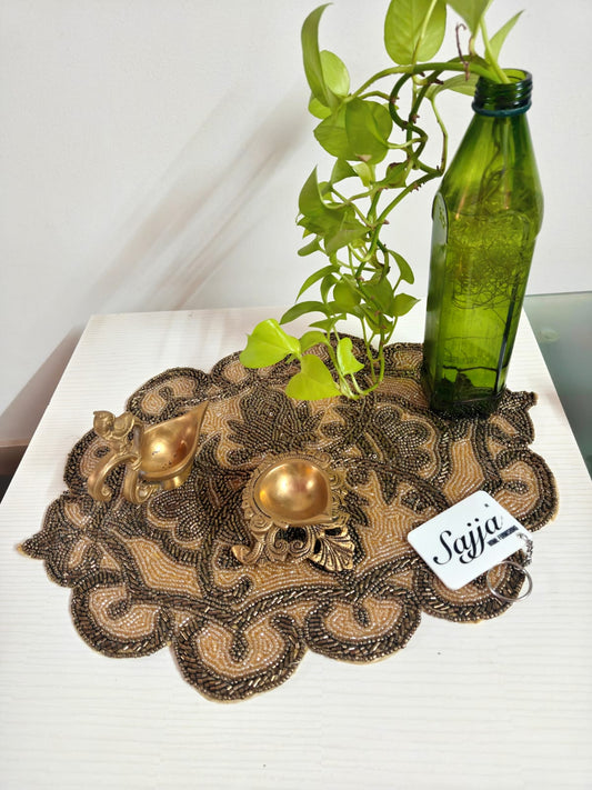 Vintage Persian Bronze Golden Beaded Oval Placemat Beads Decor Mat