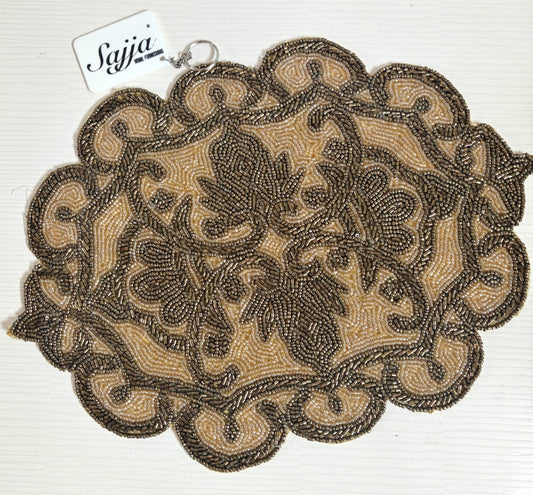 Vintage Persian Bronze Golden Beaded Oval Placemat Beads Decor Mat
