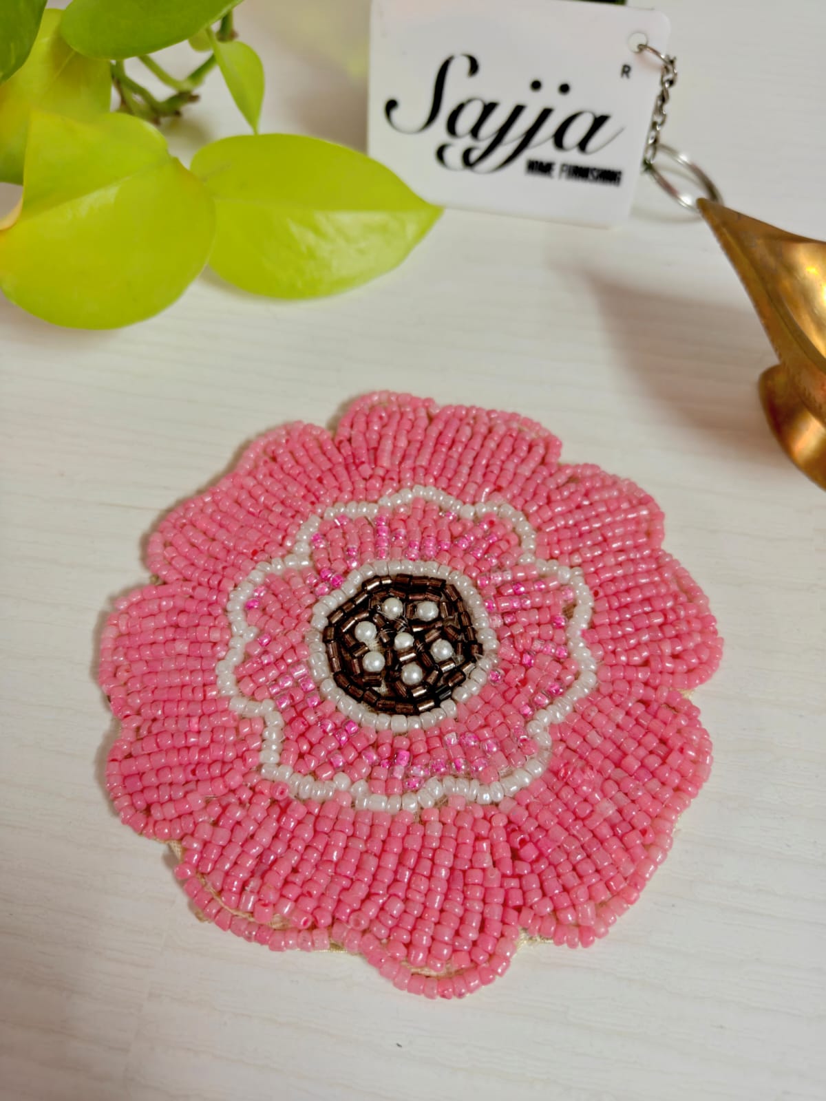 Decorative Handmade Light Pink Round Floral Beads Coaster Doily