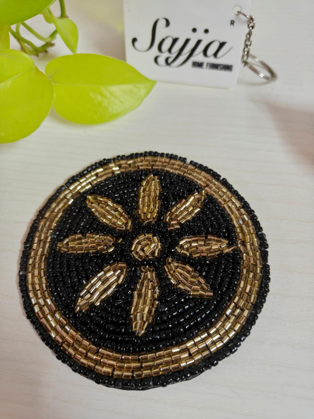 Sajja  Black & Gold Blossom Handmade Round Beads Coaster Doily