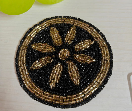 Sajja  Black & Gold Blossom Handmade Round Beads Coaster Doily