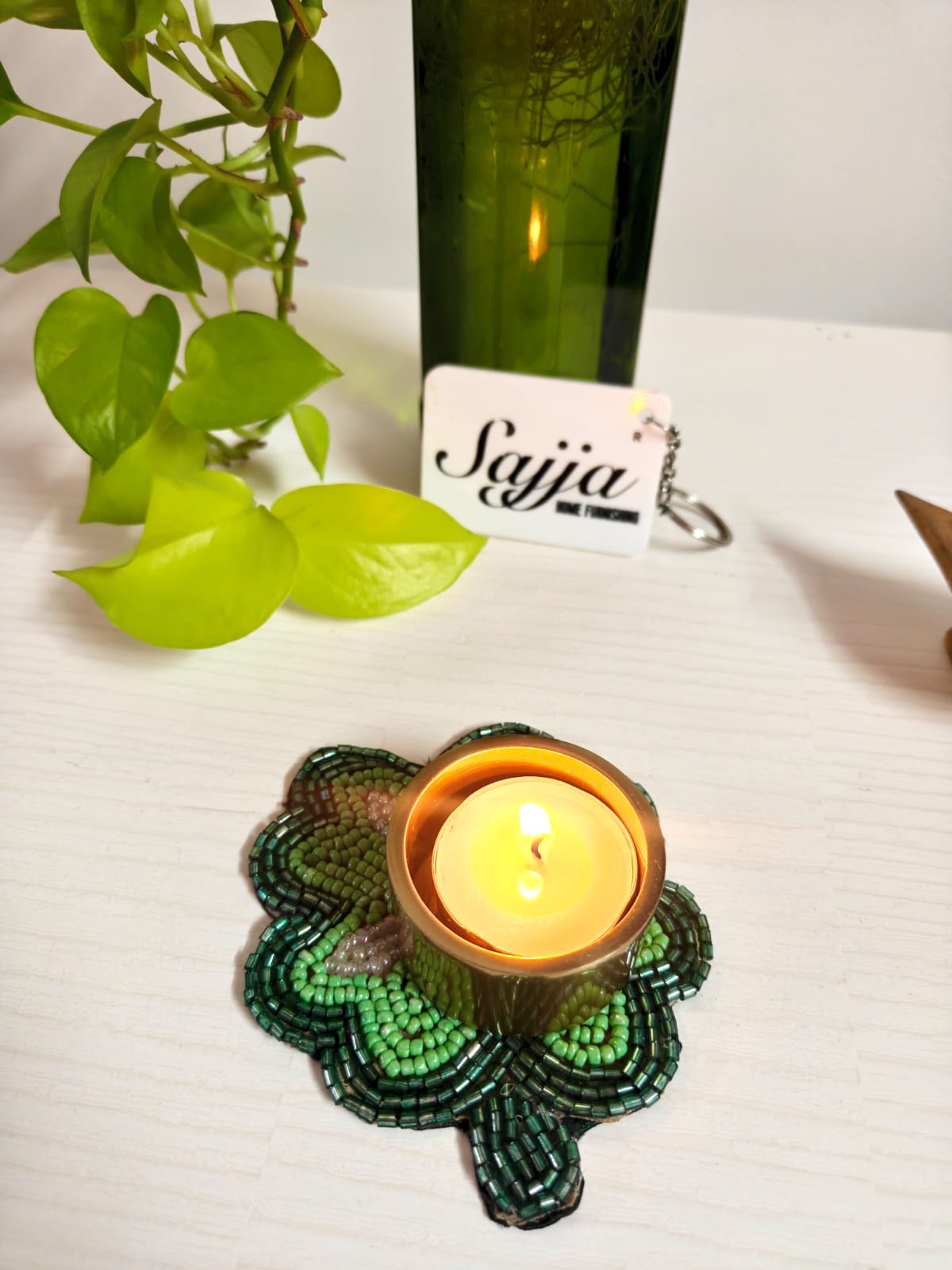 Handmade Green Floral  Handmade  Beaded Coaster Doily