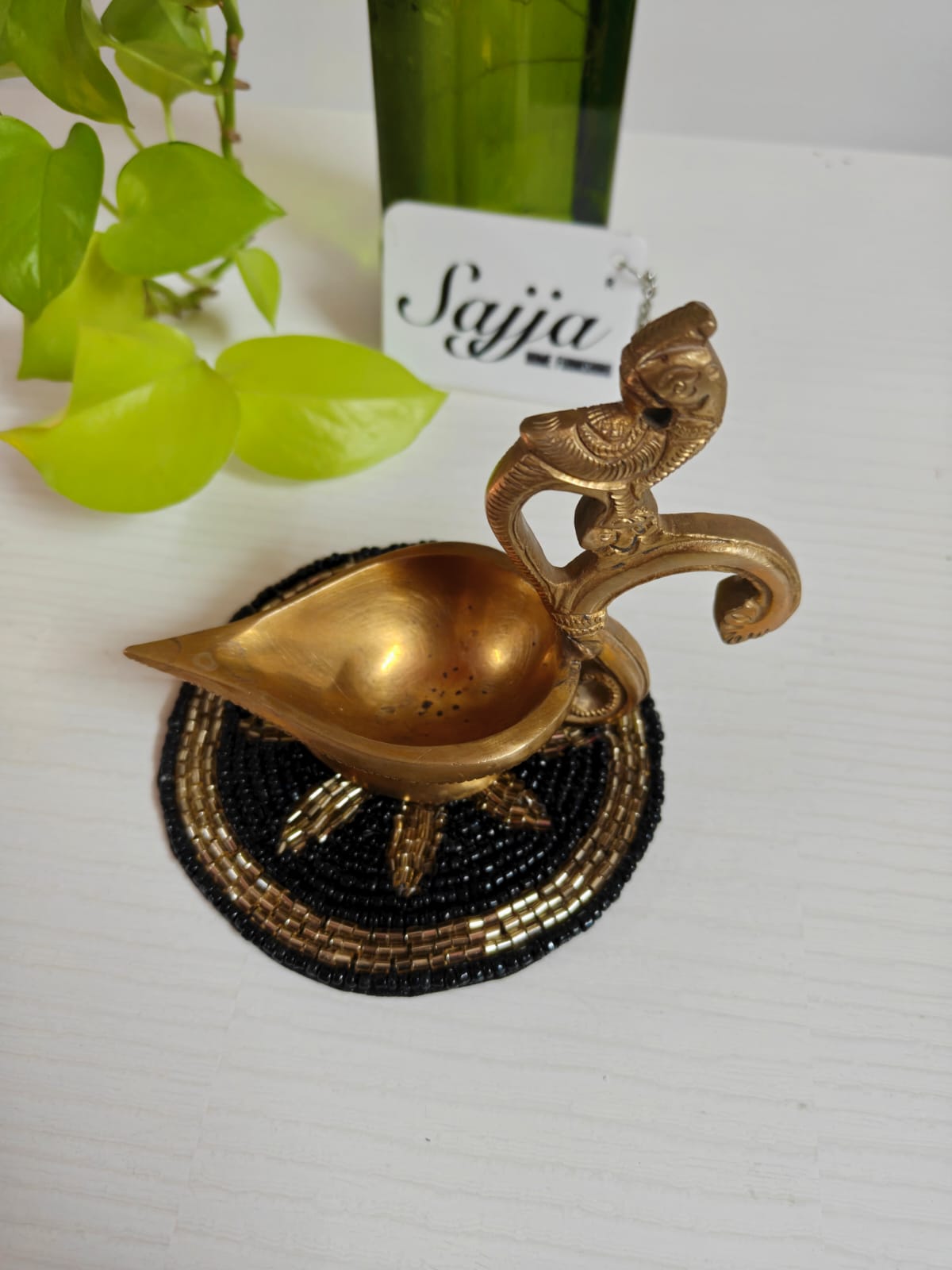 Sajja  Black & Gold Blossom Handmade Round Beads Coaster Doily