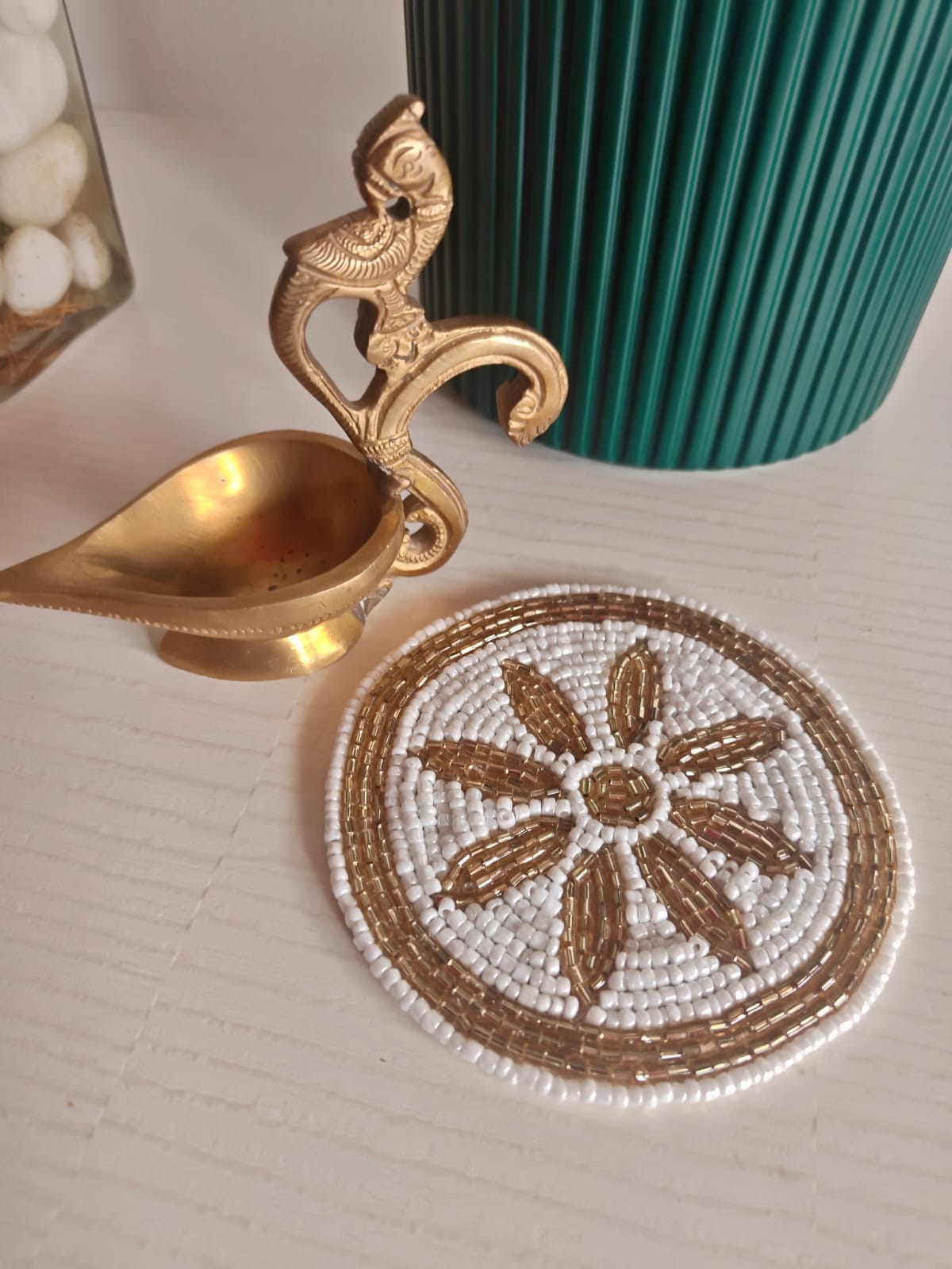 Sajja Handmade Gold & White Floral Beaded Coaster – Round Decorative Table Doily