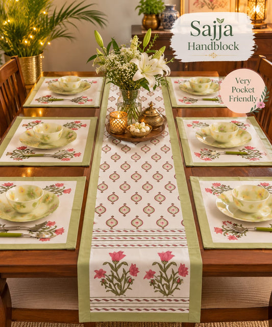 Sajja Handblock Table Linen Set Green floral Set of 7- Table Runner, 6 Table Mats