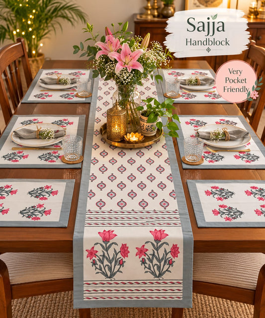 Sajja Handblock Table Linen Set Grey floral , Set of 7 - One Table Runner, 6 Table Mats