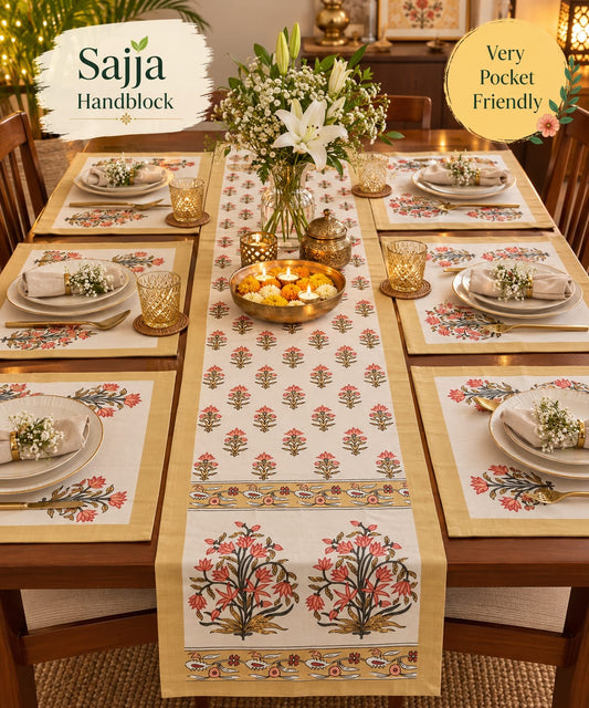 Sajja Handblock Table Linen Set Brown Yellow floral Set of 7-  One Table Runner, 6 Table Mats