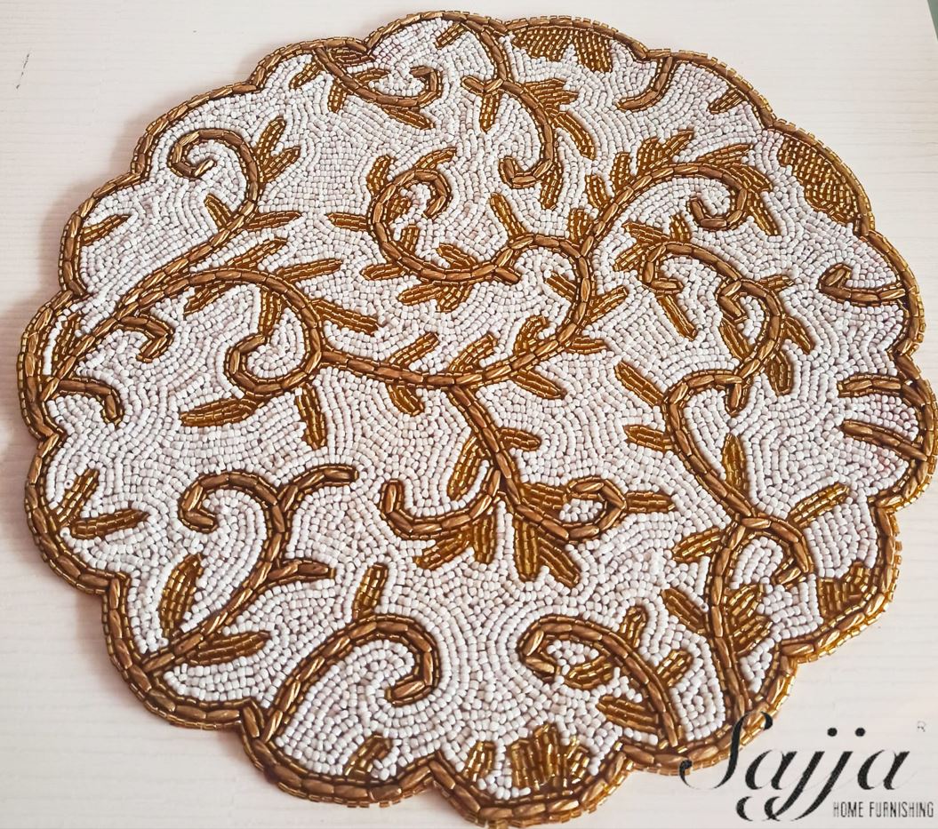 Vintage White Golden Beaded Placemat