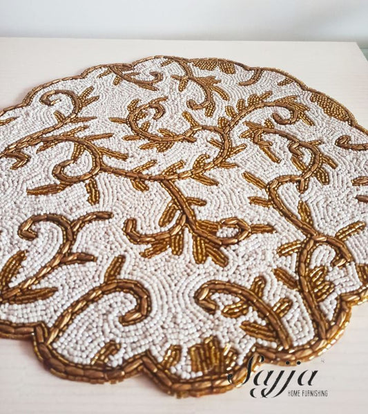 Vintage White Golden Beaded Placemat