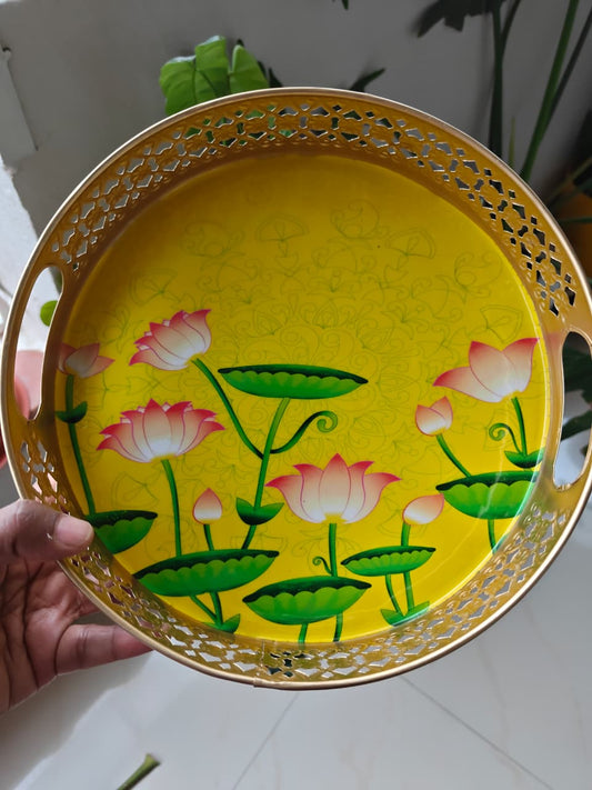 Big Metal Festive Tray Sacred Blossoms: Kamal Pichwai 10 x 10 inches | Gifting | Decor