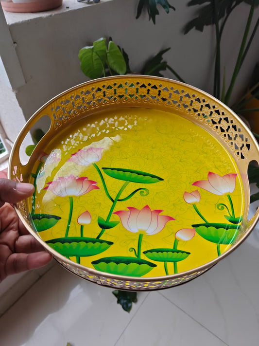 Big Metal Festive Tray Sacred Blossoms: Kamal Pichwai 10 x 10 inches | Gifting | Decor