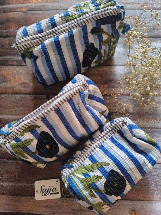 Gorgeous Blue white striped Multi use pouch kit, set of 3, perfect for gifting n personal use