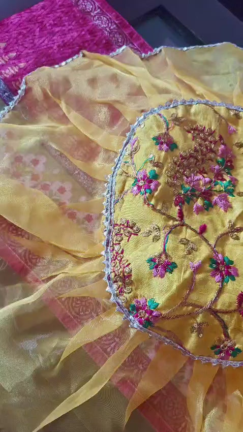 Decorative Yellow Multicoloured Embriodered Organza Gota Patti Thalposh/Thali Cover