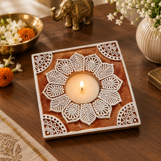 Handcrafted Wooden Block Diya | Polished Tealight Candle Holder | Indian Festival & Diwali Decor