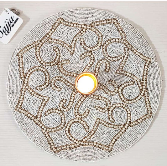 Handcrafted Glass Beads White Round Table Placemat Runner