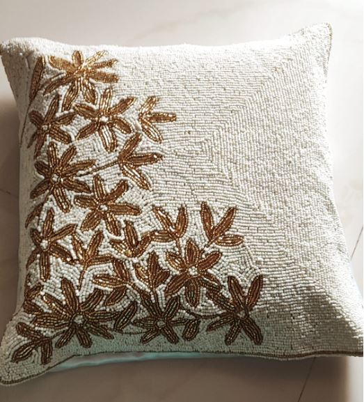 Handmade Beaded Throw Multicolour Cream With Golden Leaves Cushion Cover
