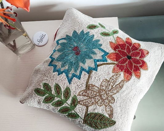Handmade Beaded Throw Multicolour Floral Cushion Cover