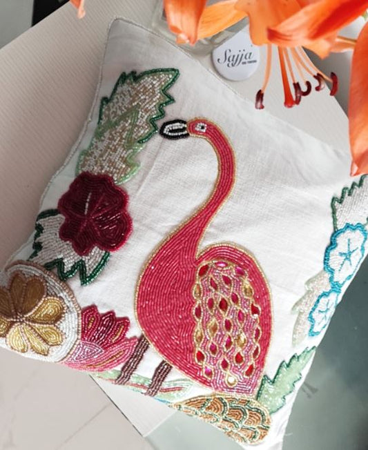 Handmade Beaded Throw Multicolour Flamingo cushion cover