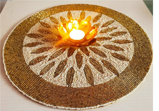 Designer White Golden Beaded Table Placemat