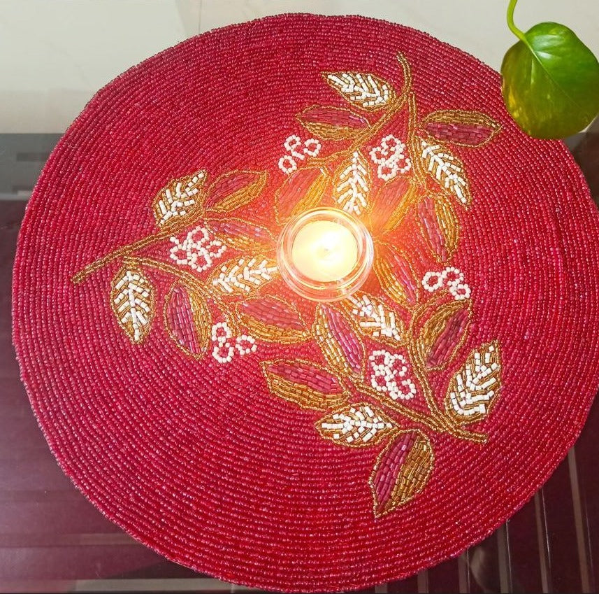 Radiant Royal Maroonish Red Placemat Floral Beads Tablemat