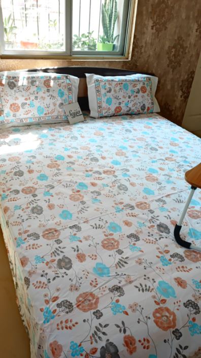 Deluxe Premium Cotton Floral White Ash Grey Blue Double Bedsheet Queen